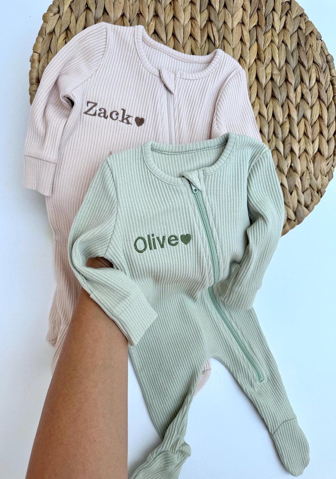 Personalized Baby Zip Romper  Embroidered Ribbed Cotton Baby Grow