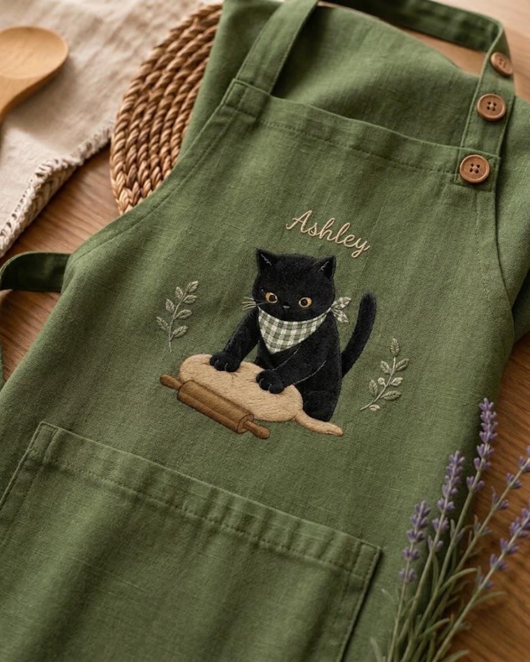 Personalized Cute Black Cat Chef Baking Embroidered Linen Apron, Custom Kids Name Kitchen Aprons, Cooking Apron With Pocket, Gift For Bakers